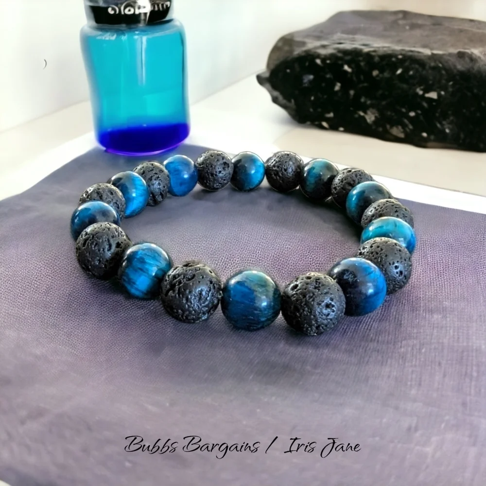 Lake Blue Tiger Eye & Lava Bracelet - 10mm Unisex Natural Stones Handmade - Picture 2 of 2